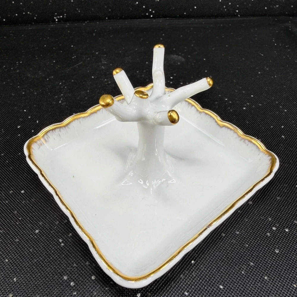 Limoges France Chamart Exclusive Porcelain Ring Holder Tree Gold Gilt White Tray